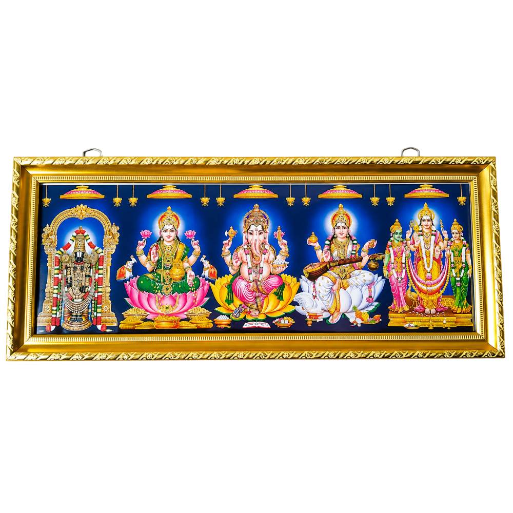 Photo Frames of Hindu 5 God in One Frame(Golden Frame) - Blue Background