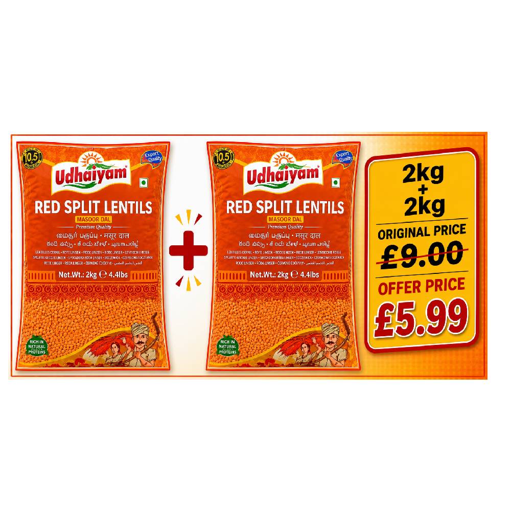 Udhaiyam Red Split Lentils Masoor Dal - 2kg (Pack of 2)